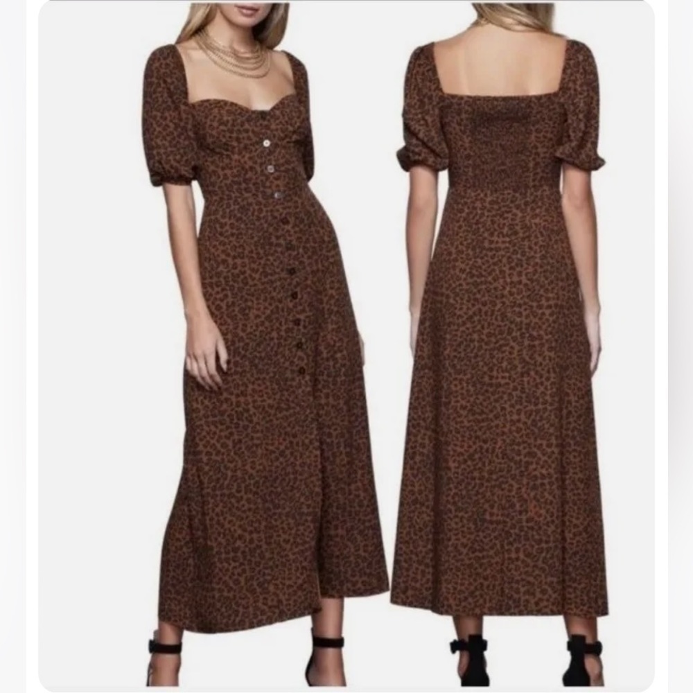 Good American Corset Puff Sleeve Midi Dress in Chai Leopard Print - Size 0/XS